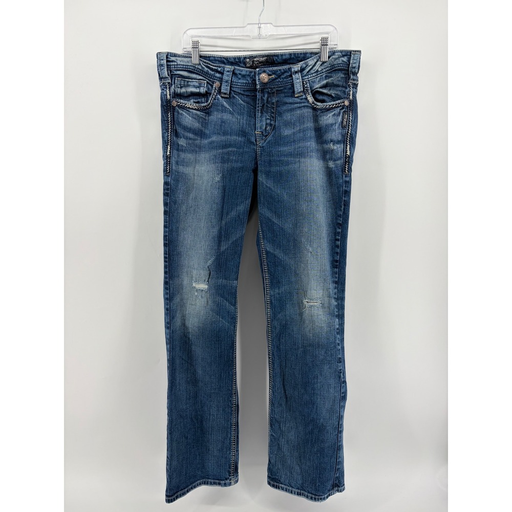 Silver Jeans Women 14 Blue Aiko Mid Bootcut Distressed Thick Stitch W83717SJB224